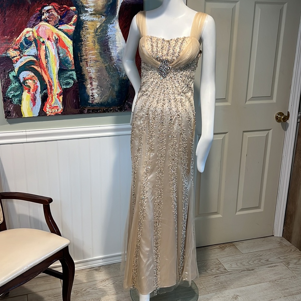 LUX CM COUTURE Champagne Satin, Tulle Netting Overlay, Gold Crystal Beading Gown